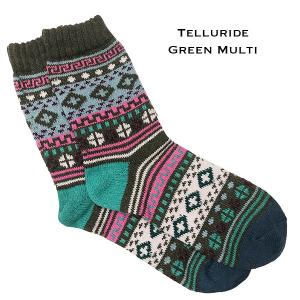 3748 - Crew Socks Telluride Green Multi<br>
Fits Women's Size 6-10<br> 18% wool, 45% cotton, 37% polyester - Woman's 6-10