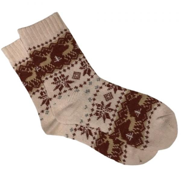 wholesale 3748 - Crew Socks Reindeer and Snowflakes - Beige Multi - Woman's 6-10