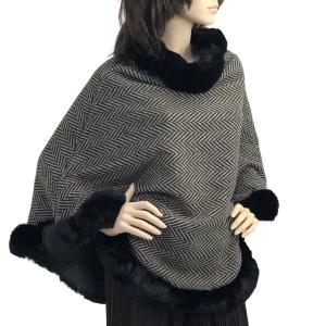 3759 - Fur Trimmed Ponchos 2023 LC12 - Herringbone Poncho w/ Black Fur - One Size Fits Most