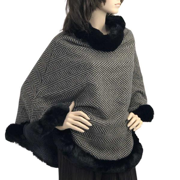 Wholesale 3759 - Fur Trimmed Ponchos 2023 LC12 - Herringbone Poncho w/ Black Fur - One Size Fits Most