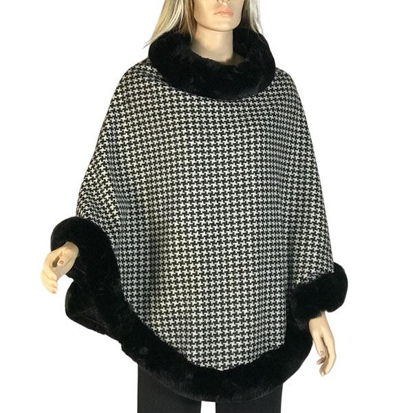 Wholesale 3759 - Fur Trimmed Ponchos 2023 LC12 - Houndstooth Poncho w/ Black Fur - One Size Fits Most