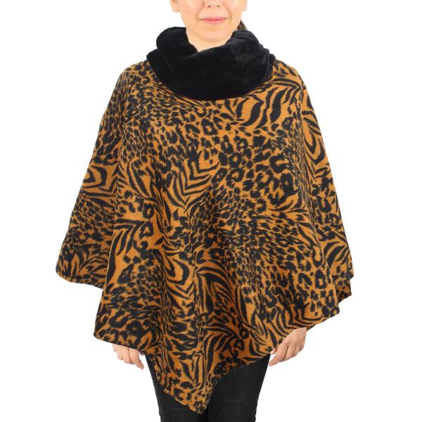Wholesale 3759 - Fur Trimmed Ponchos 2023 9395 - Camel <br>Animal Print Poncho w/Faux Fur Collar - One Size Fits Most