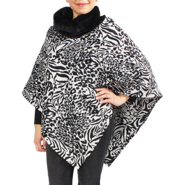 Wholesale 3759 - Fur Trimmed Ponchos 2023 9395 - White <br>Animal Print Poncho w/Faux Fur Collar - One Size Fits Most