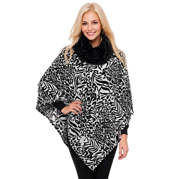 wholesale 3759 - Fur Trimmed Ponchos 2023 9395 - White <br>Animal Print Poncho w/Faux Fur Collar - One Size Fits Most