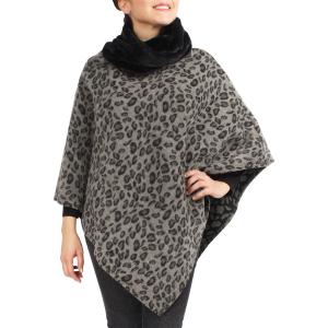 3759 - Fur Trimmed Ponchos 2023 9396 - Grey<br>Leopard Print Poncho w/Faux Fur Collar - One Size Fits Most