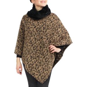 3759 - Fur Trimmed Ponchos 2023 9396 - Taupe<br>Leopard Print Poncho w/Faux Fur Collar - One Size Fits Most
