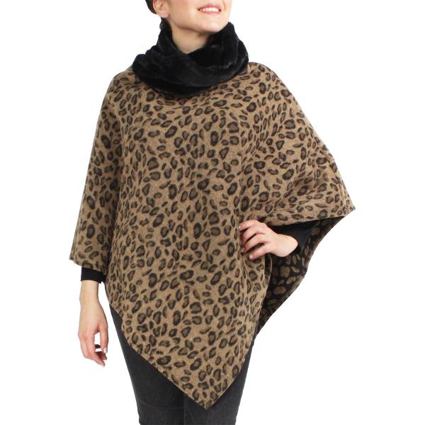Wholesale 3759 - Fur Trimmed Ponchos 2023 9396 - Taupe<br>Leopard Print Poncho w/Faux Fur Collar - One Size Fits Most