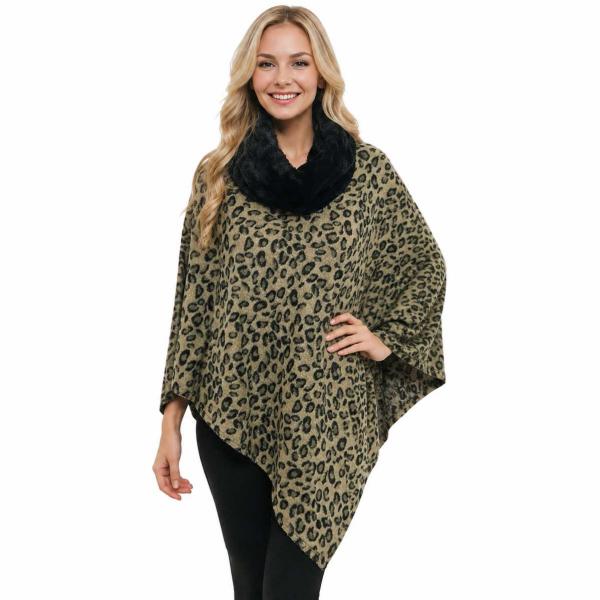 wholesale 3759 - Fur Trimmed Ponchos 2023 9396 - Taupe<br>Leopard Print Poncho w/Faux Fur Collar - One Size Fits Most