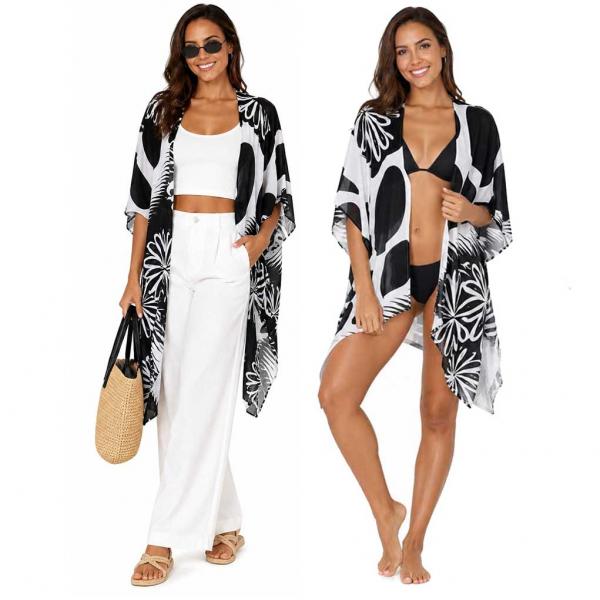 wholesale 10649 - Daisy Print Kimono/Swim Suit Cover-up  Black/White - 