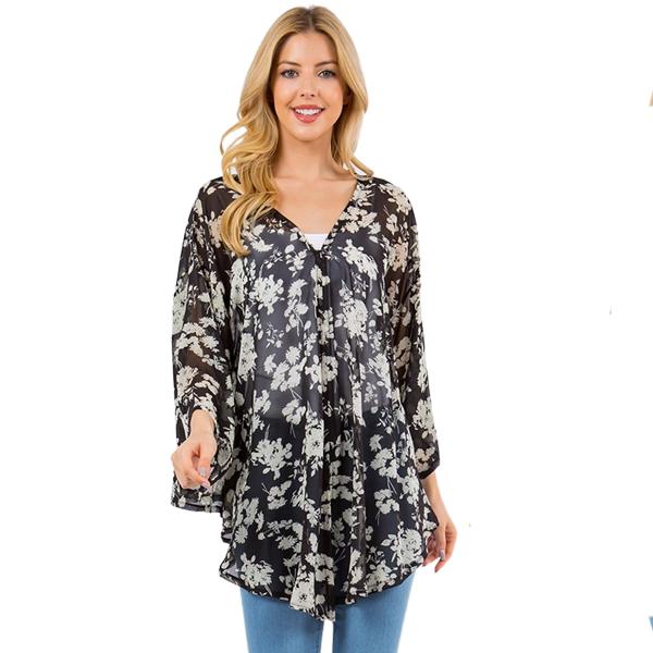 Wholesale 3779 - V-Neck Poncho with Sleeves 3779/4256/ 4257 - Black/White Floral - 