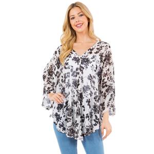 Wholesale  4257 - White/Black Floral<br>
Chiffon V-Neck Poncho with Sleeves - 