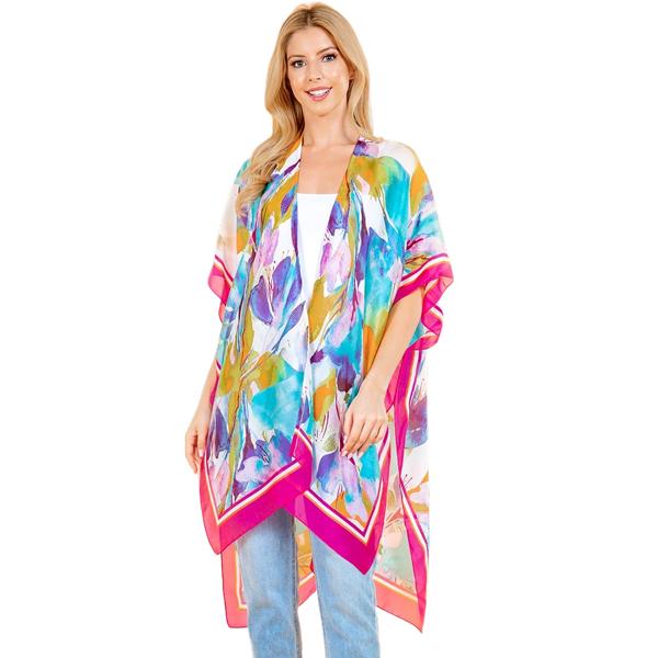 Wholesale Assorted Lightweight Kimonos 4237 - Pink Border<br>
Watercolor Light Satin Kimono - 