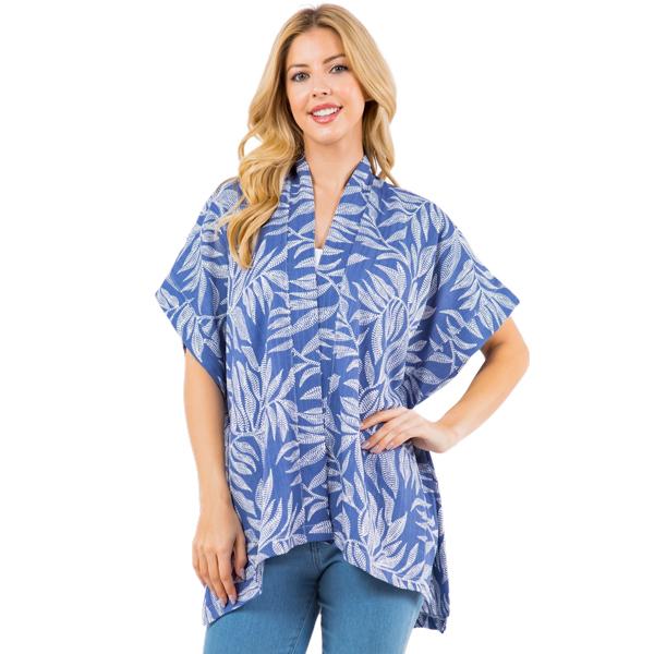 Wholesale 3783 Assorted Lightweight Kimonos 4264 - Blue/White Leaves<br>
Textured Crepe Kimono - 