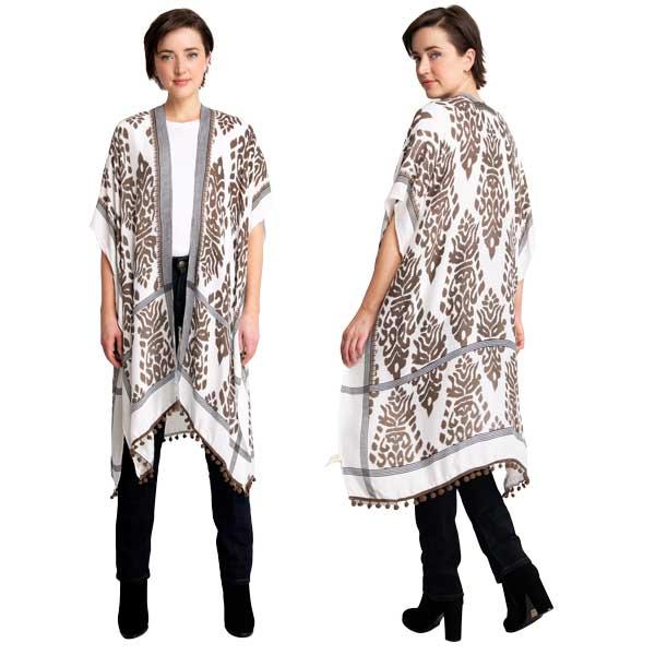 wholesale 3783 Assorted Lightweight Kimonos 2158 - Mocha & White <br>
Jessica's Kimonos with Pom Pom's
 - 