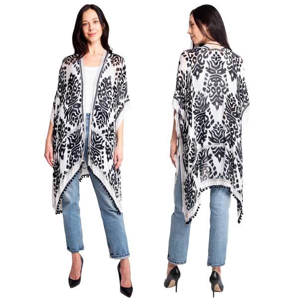 wholesale 3783 Assorted Lightweight Kimonos 2158 - Black and White <br>
Jessica's Kimonos with Pom Pom's
 - One Size Fits All