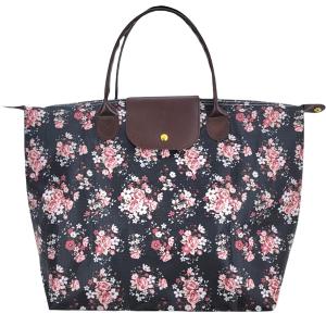 Wholesale  2069 - Black Floral<br>
Foldable Tote Bag - 