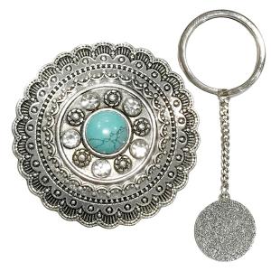 3759 - Ultra Magnetic Brooch and Key Minder 014 - Aztec Circle with Turquoise Stone<br>
Antique Silver - 