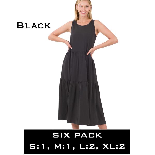 wholesale 43050 - Sleeveless Tiered Midi Dress Black<br>43050 Dress<br>SIX PACK - S:1,M:1,L:2,XL:2