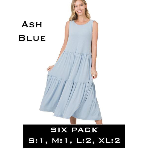 wholesale 43050 - Sleeveless Tiered Midi Dress Ash Blue<br>43050 Dress<br>SIX PACK - S:1,M:1,L:2,XL:2