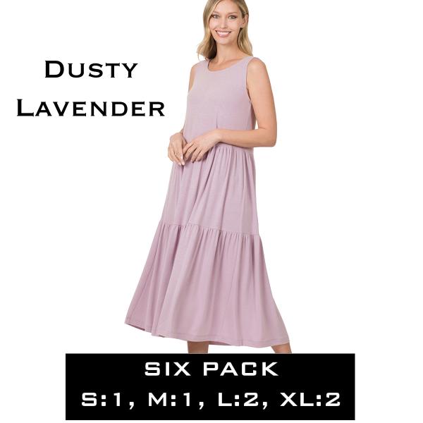 wholesale 43050 - Sleeveless Tiered Midi Dress Dusty Lavender<br>43050 Dress<br>SIX PACK - S:1,M:1,L:2,XL:2