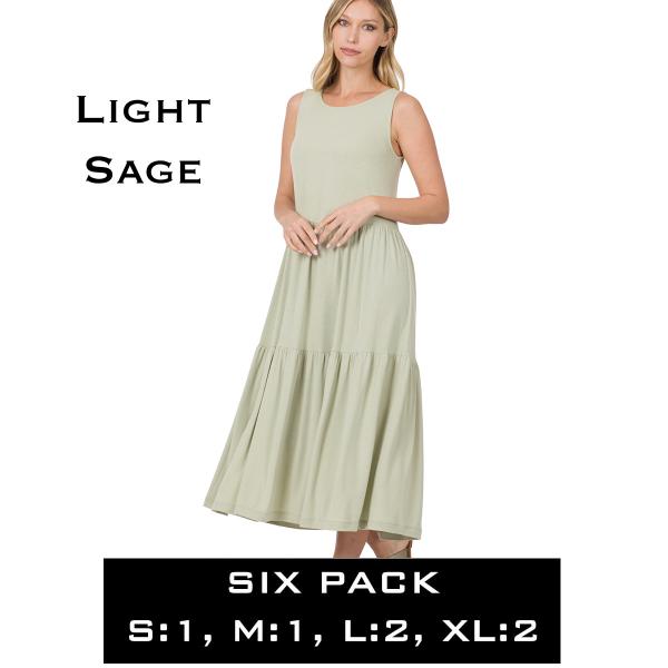 wholesale 43050 - Sleeveless Tiered Midi Dress Light Sage<br>43050 Dress<br>SIX PACK - S:1,M:1,L:2,XL:2