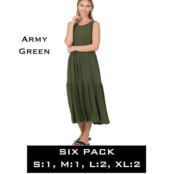 wholesale 43050 - Sleeveless Tiered Midi Dress Army Green<br>43050 Dress<br>SIX PACK - S:1,M:1,L:2,XL:2