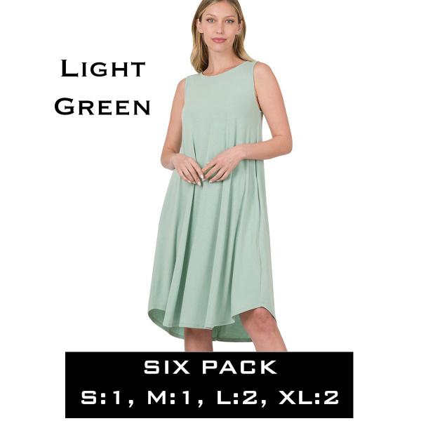 wholesale 9000 - Sleeveless Round Hem Dress with Pockets 9000 - Light Green - Six Pack - S:1,M:1,L:2,XL:2