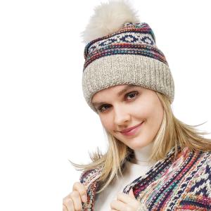 Wholesale 3805 - Ethnic Pattern Knit Cardigans & Beanies 10658 - Beige Multi<br>
Ethnic Pattern Knit Beanie w/PomPom
 - One Size Fits Most
