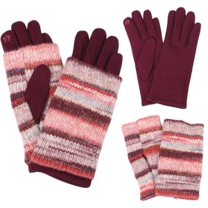 Wholesale 3808 - Striped Knit Beanies & Overlay Gloves 3568 - Burgundy Multi<br>
Striped Overlay Knitted Gloves - One Size Fits Most