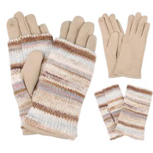 Wholesale 3808 - Striped Knit Beanies & Overlay Gloves 3568 - Taupe Multi<br>
Striped Overlay Knitted Gloves - One Size Fits Most
