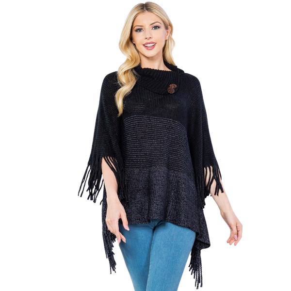 Wholesale 4209 - Poncho - Ombre Cowl-neck w/ Wooden Buttons Black - One Size Fits Most