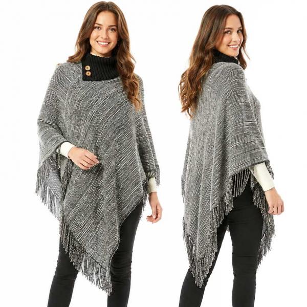 wholesale 1303 - Knit Fold-over Button Collar Poncho Black - One Size Fits Most