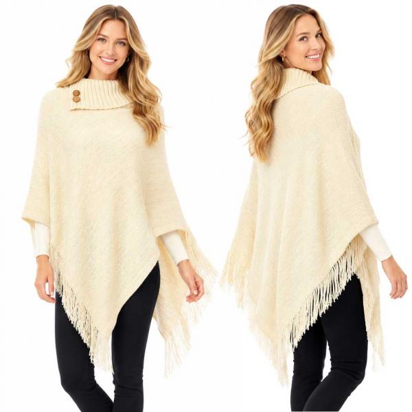 wholesale 1303 - Knit Fold-over Button Collar Poncho Ivory - One Size Fits Most