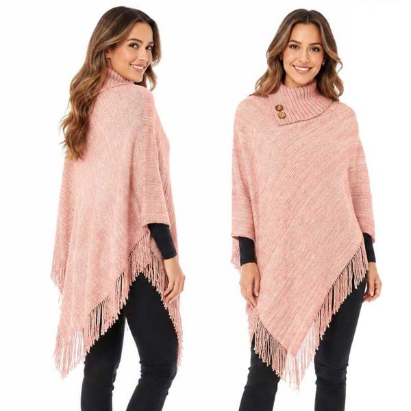 wholesale 1303 - Knit Fold-over Button Collar Poncho Pink - One Size Fits Most