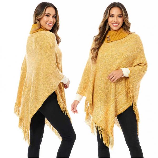 wholesale 1303 - Knit Fold-over Button Collar Poncho Mustard - One Size Fits Most