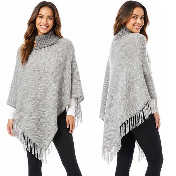wholesale 1303 - Knit Fold-over Button Collar Poncho Grey - One Size Fits Most