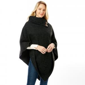1295 - Wool Feel Poncho w/ Button Accents Black - One Size Fits Most
