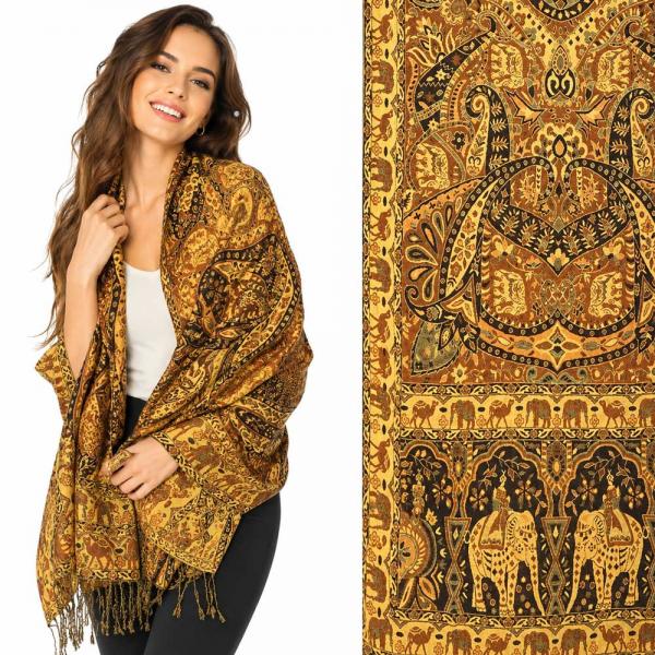 wholesale 3835 - Jamawar Style Shawls  3693 - A05 Camel Multi<br>
Elephant Print Shawl - One Size Fits All