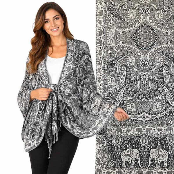 wholesale 3835 - Jamawar Style Shawls  3693 - A09 Silver/Black<br>
Elephant Print Shawl - One Size Fits All
