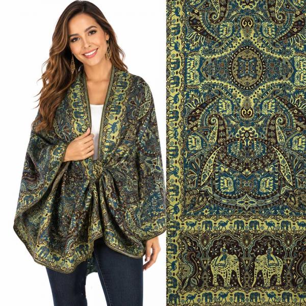 wholesale 3835 - Jamawar Style Shawls  3693 - A11 Teal Multi<br>
Elephant Print Shawl  - One Size Fits All