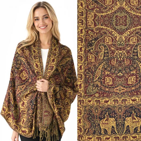 wholesale 3835 - Jamawar Style Shawls  3693 - A12 Dark Burgundy Multi<br>
Elephant Print Shawl - One Size Fits All