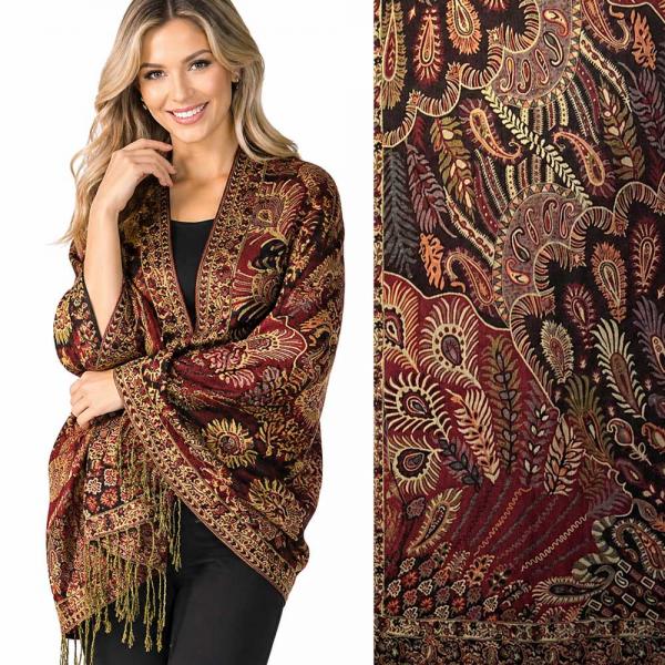 wholesale 3835 - Jamawar Style Shawls  3694 - A01 Burgundy Multi<br>
Feathers Woven Shawl - One Size Fits All