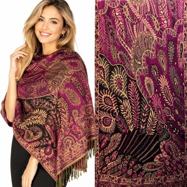 wholesale 3835 - Jamawar Style Shawls  3694 - A07 Magenta Multi<br>
Feathers Woven Shawl - One Size Fits All