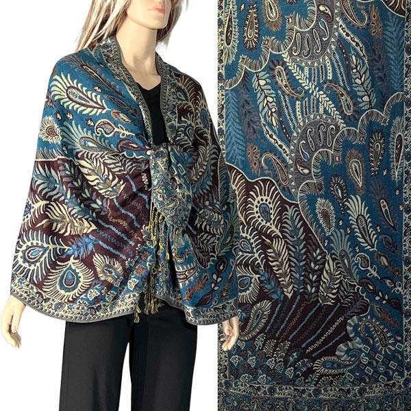 Wholesale Heavy Pashmina Style Shawls 3692/3693/3694/3695 3694 - A11 Teal Multi<br>
Feathers Woven Shawl - One Size Fits All