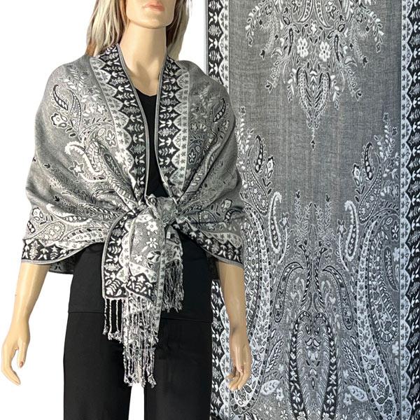 Wholesale Heavy Pashmina Style Shawls 3692/3693/3694/3695 3695 - A09 - Silver/Black <br> 
Woven Paisley Shawl - One Size Fits All
