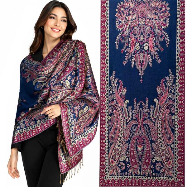 wholesale 3835 - Jamawar Style Shawls  3695 - A10 Dark Blue Multi <br> 
Woven Paisley Shawl - One Size Fits All