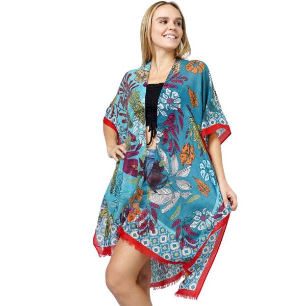 Wholesale Cotton Touch Kimonos - 10983 10983 - Teal<br>
Floral Print Kimono - One Size Fits Most