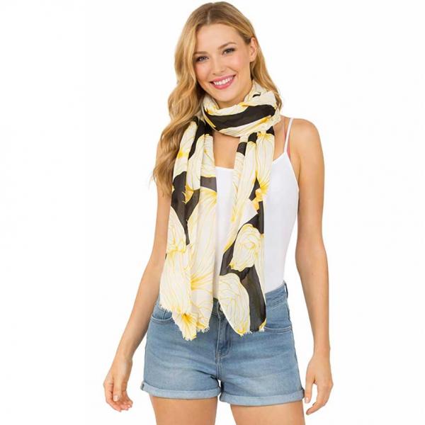 wholesale 4114 - Floral Line Art Scarves 4114BK<br> 
Black/Yellow Floral Line Drawing Scarf - 33