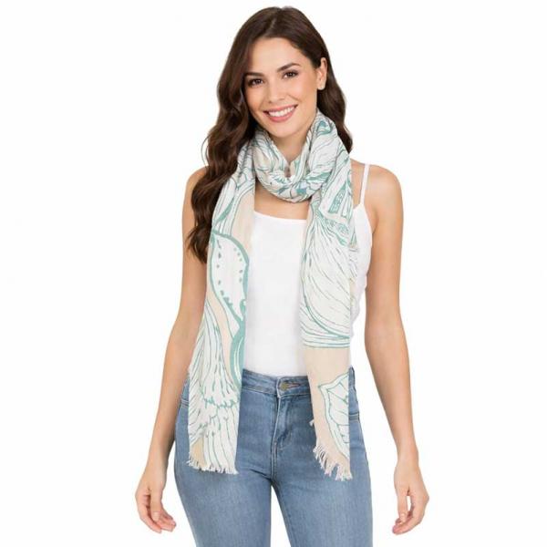 wholesale 4114 - Floral Line Art Scarves 4114-TAN<br> 
Tan/Blue Floral Line Drawing Scarf - 33
