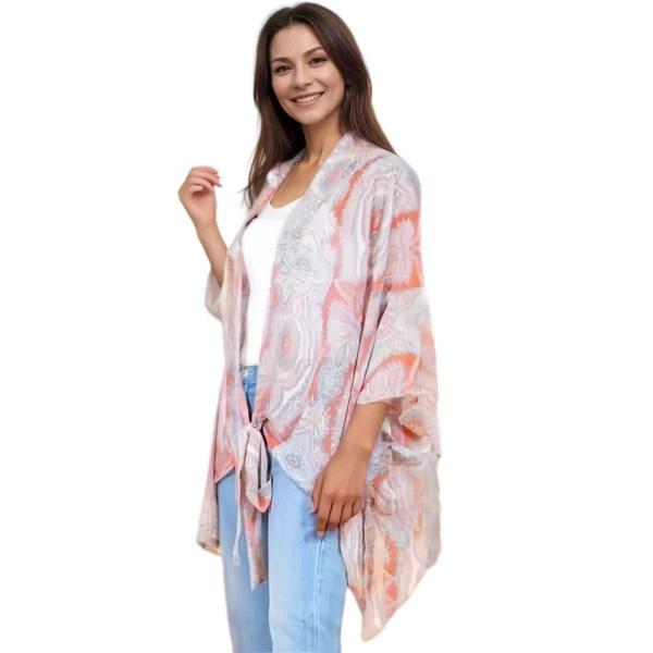 wholesale 3858 - Tie Front Kimonos 4243 - Pink Multi<br>
Paisley Tie Front Kimono - One Size Fits Most